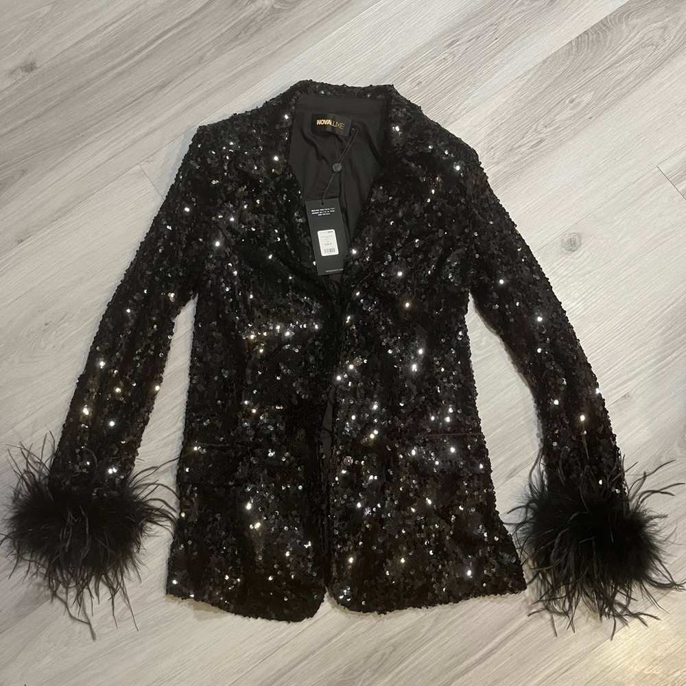 Black Sequin Blazer with Feather Cuffs - Picture 2 of 15